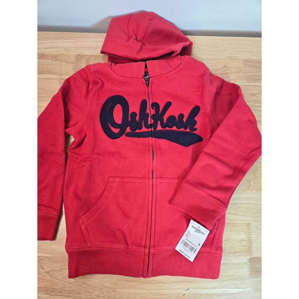 OshKosh B'gosh Boys Red Full Zip Logo Hoodie Sweatshirt Size 6 NWT